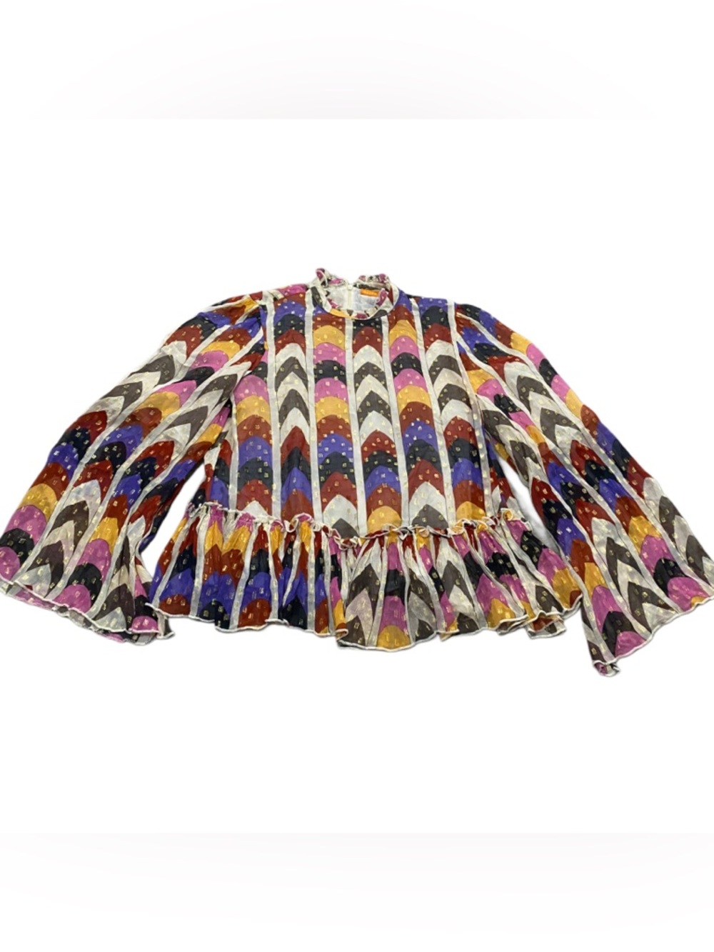 Oliphant Peplum Flare Sleeve Blouse Metallic Milano Print XS - Picture 2 of 11